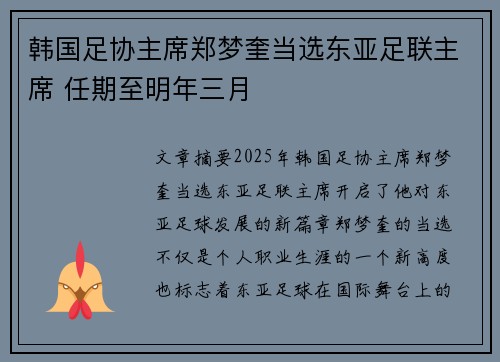 韩国足协主席郑梦奎当选东亚足联主席 任期至明年三月 韩国足协主席郑梦奎当选东亚足联主席 任期至明年三月