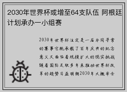 2030年世界杯或增至64支队伍 阿根廷计划承办一小组赛 2030年世界杯或增至64支队伍 阿根廷计划承办一小组赛