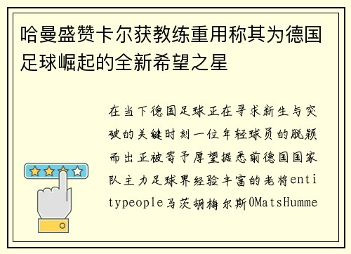 哈曼盛赞卡尔获教练重用称其为德国足球崛起的全新希望之星 哈曼盛赞卡尔获教练重用称其为德国足球崛起的全新希望之星